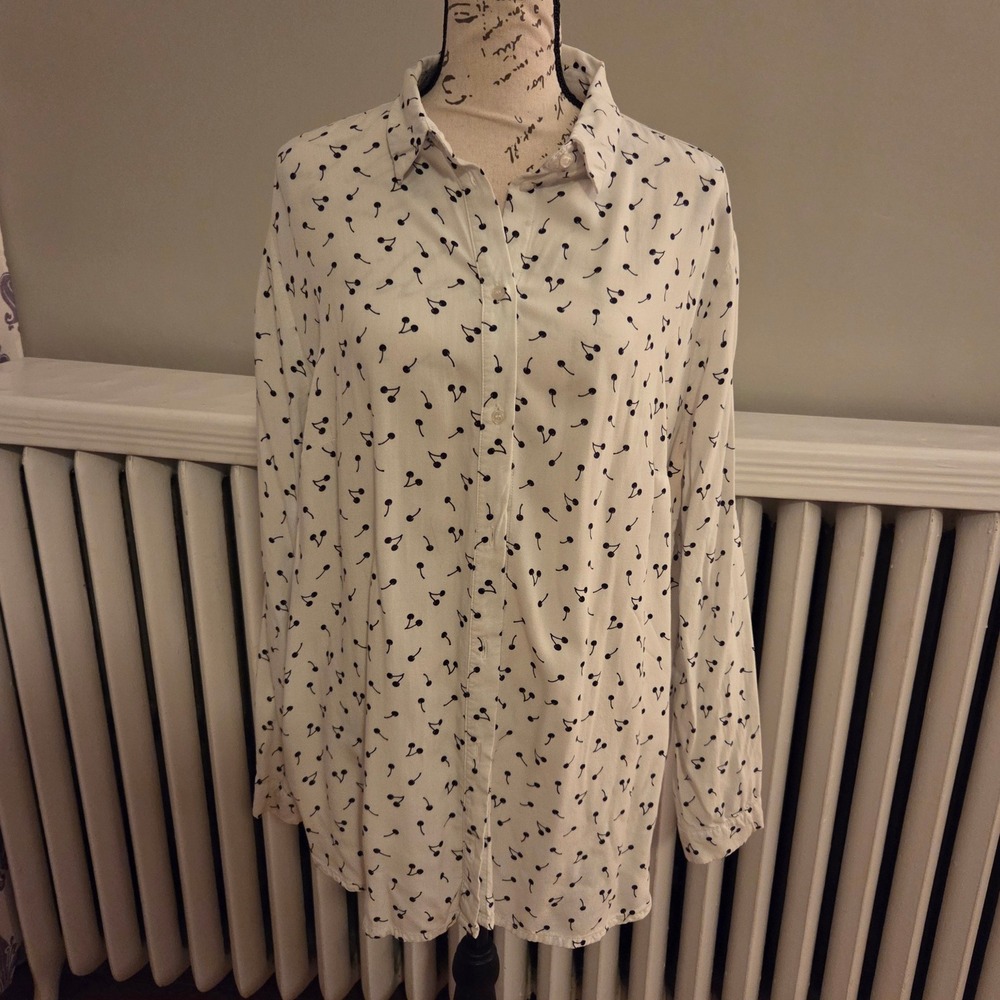 HM Divided Cherry Print Button Down Shirt White Black Rayon Retro Blouse Sz 14